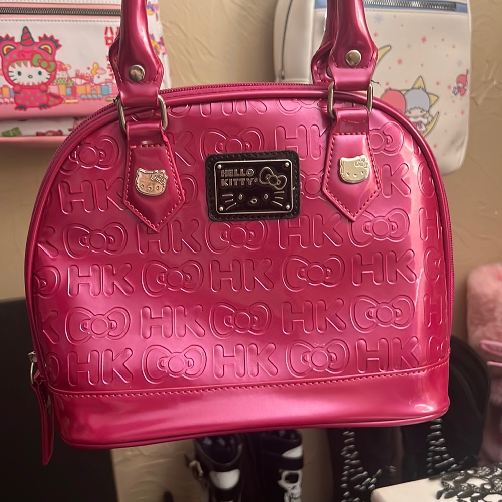 HELLO KITTY LOUNGEFLY BARBIE PINK EMBOSSED LOGO MONOGRAM Y2K BOWLER BAG